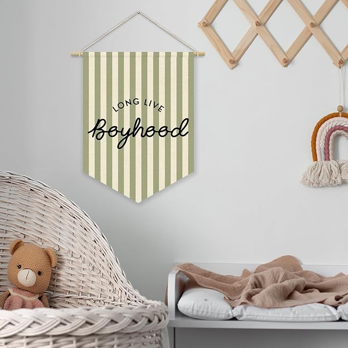 Boys Room Decor, Long Live Boyhood Boy Nursery Linen Canvas Banner, Green and White Striped Wall Hanging Pennant Flag Banner for Boys Kids Toddler Room Bedroom Playroom Decor, 15x11in