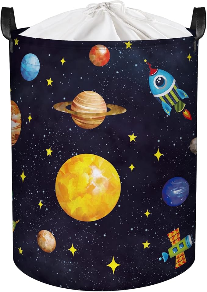 Clastyle 45L Boy Planets Nursery Hamper Outer Space Collapsible Laundry Basket Kid Room Rocket Toy Storage Basket