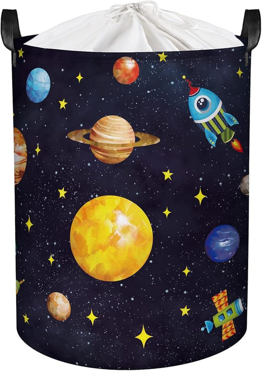 Clastyle 45L Boy Planets Nursery Hamper Outer Space Collapsible Laundry Basket Kid Room Rocket Toy Storage Basket