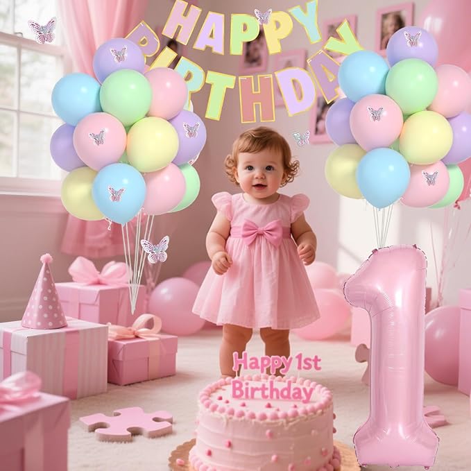 Pastel First Birthday Decorations -12 inch Pastel Balloons, 40 Inch Pink 1 Balloons, 3D Butterflies Stickers, Happy Birthday Banner For Baby Girl 1st BD Party Decorations
