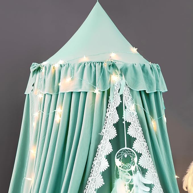 Kertnic Bed Canopy for Girls, Ruffled Soft Pink Princess Canopy Dreamy Bow Decor, Bed Canopies for Kids Room, Hanging Canopy Bedding Drapes Toddler Reading Nook Play Tent (Green)