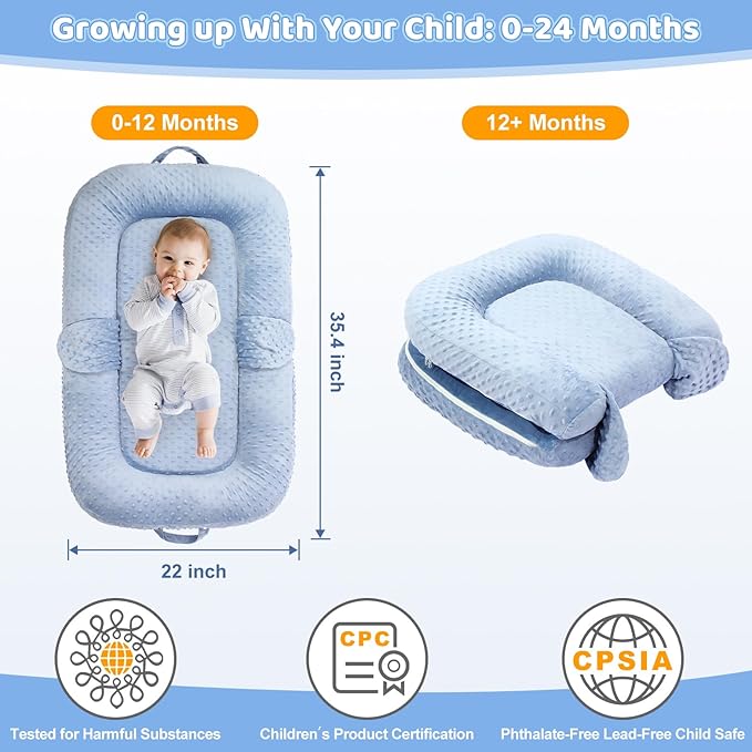 Baby Lounger Pillow- Portable Baby Lounger for Newborn, 0-24 Months,3-in-1 Baby Nest for Home and Travel, Foldable & Soft, CPC Certification Newborn Babies Essentials Gifts, Blue