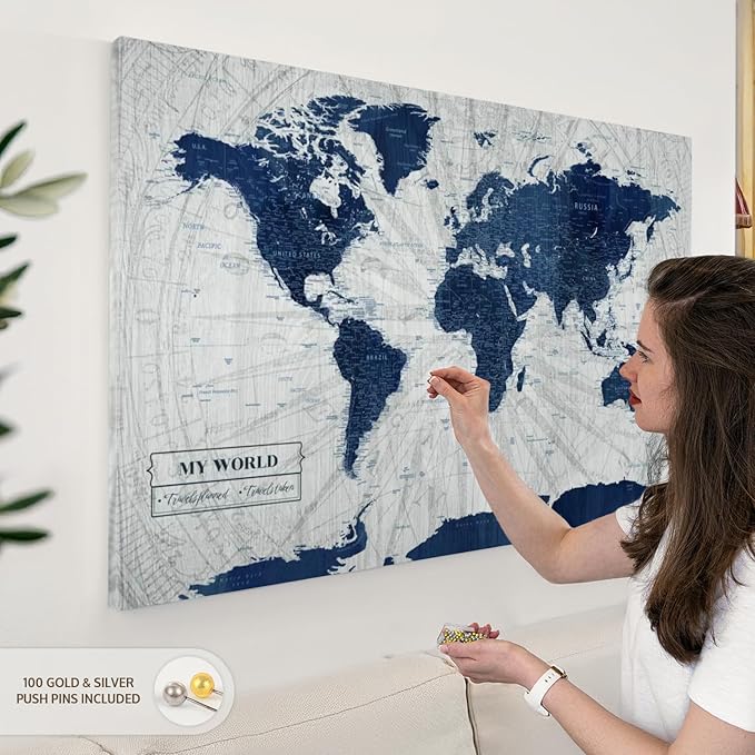 ElephantStock - My World Push Pin Map V Wall Art - Horizontal Canvas Wall Art - Living Room Wall Decor - Unique Map Canvas Art - Gray And Blue Decor - 45" x 30"