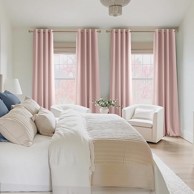 NICETOWN Blush Pink Room Darkening Curtains 63 Inches Long 2 Panels Decor for Girls Room, Bedroom, Nursery Thermal Insulated Blackout Drapes Solid Grommet Noise Reducing Window Curtains, W40