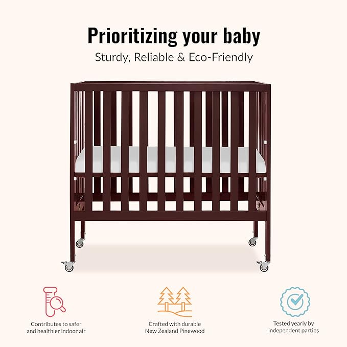 Dream On Me Jett Mini Folding Baby Crib in Espresso, GreenGuard Gold & JPMA, Lightweight & Portable, Patented Flat Folding System for Small Spaces & Travel, 1.5” Mattress Pad, 3 Heights, Safe Wheels