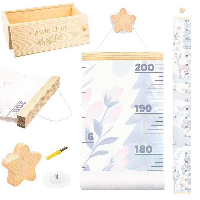 Growth Chart for Wall 7 Ft - Height Chart with Keepsake Wood Box & Star Hook, Waterproof Canvas Wall Ruler, Neutral Nursery Wall Decor for Baby Kids Toddlers