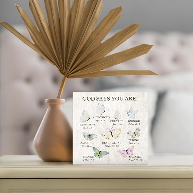 Christian Butterfly Wood Box Sign - Inspirational Bible Verse Desk Shelf Decor, Inspirational Desk Decor, Christian Gifts Butterflies Wooden Block Plaque Box Sign for Home Room Table Decorations