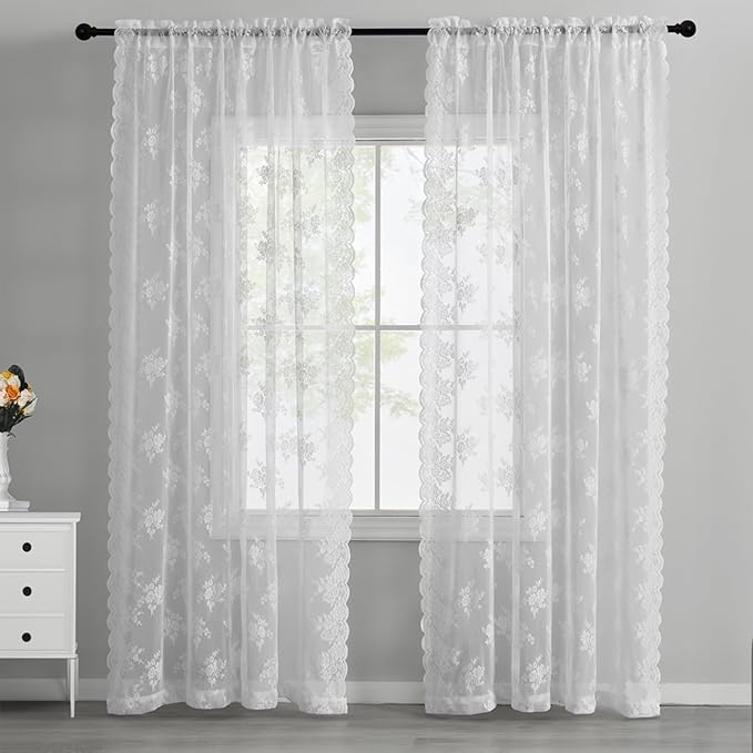Kotile White Lace Curtains for Living Room, W52 x L92 Inch, 2 Panels Rustic Floral Sheer Lace Curtains 92 Inches Long Rod Pocket Privacy Light Filtering Cottagecore Vintage Sheer Window Curtain