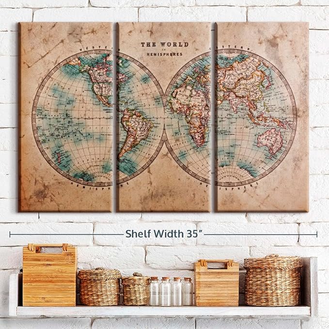 ElephantStock Hemisphere Map Wall Art Multi Piece Canvas - 3 Piece Canvas World Map Wall Decor - Wall Decor Print - Vintage Wall Art - 33" X 20"