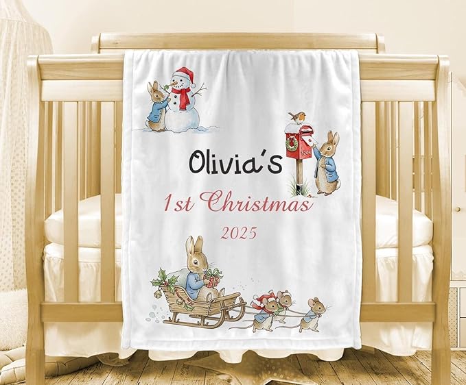 Personalized Baby's First Christmas Blanket, Custom Blue Bunny Baby Name Christmas Blanket, Soft Fleece Or Sherpa Throw, Baby Shower, Made in USA
