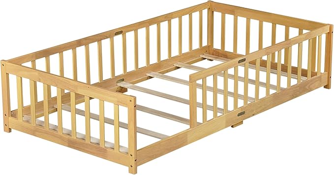 Twin Size Floor Bed for Kids, Wood Montessori Floor Beds with Fence Railings and Slats Support, Twin Playhouse Bed Frame for Boys Girls, No Box Spring Needed, Natural