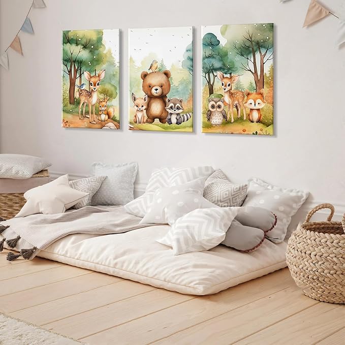 3Pcs Woodland Animal Nursery Wall Art Forest Animal Wall Decor Cute Watercolor Deer Bear Fox Poster Canvas Prints Paintings Pictures Artwork for Kids Baby Bedroom Decor Canvas 12X16in