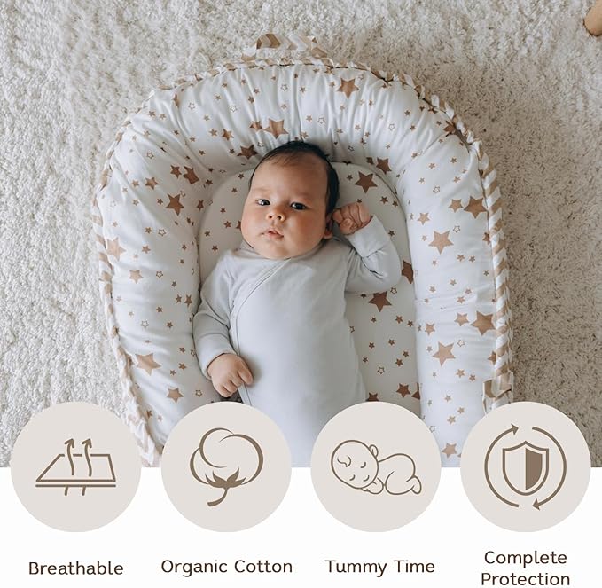 Aila + Aiden Baby Lounger | Organic Cotton Infant Lounger | Reversible, Adjustable & Portable Floor Lounger |Supervised Use | Soft, Breathable, Washable Cover - Star Collection (White/Tan)