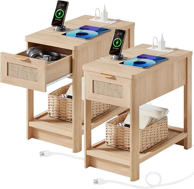 Lerliuo Narrow Night Stand with Charging Station, Boho Nightstand with Drawer, Bed Side End Table with Rattan Shelf for Small Spaces, Wood Nightstands Bedside Tables for Living Room Bedroom