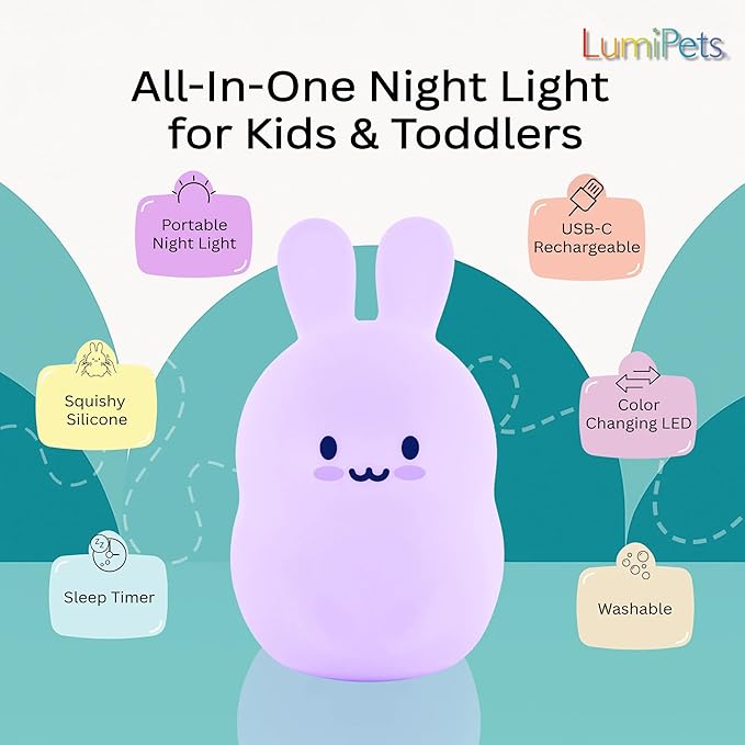 Lumipets Baxter The Bunny Squishy Night Light for Kids | Silicone Lamp with Tap & Remote Control | Rechargeable Color Changing Animal Night Light for Boys & Girls | Portable Nightlight with USB Cord