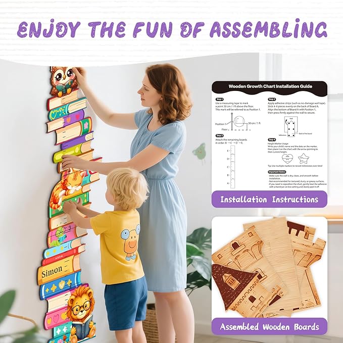 Personalized Name Wooden Growth Charts for Kids, Stacks of Book Height Measurement for Wall Girls Boys Teen Room Nursery Decor