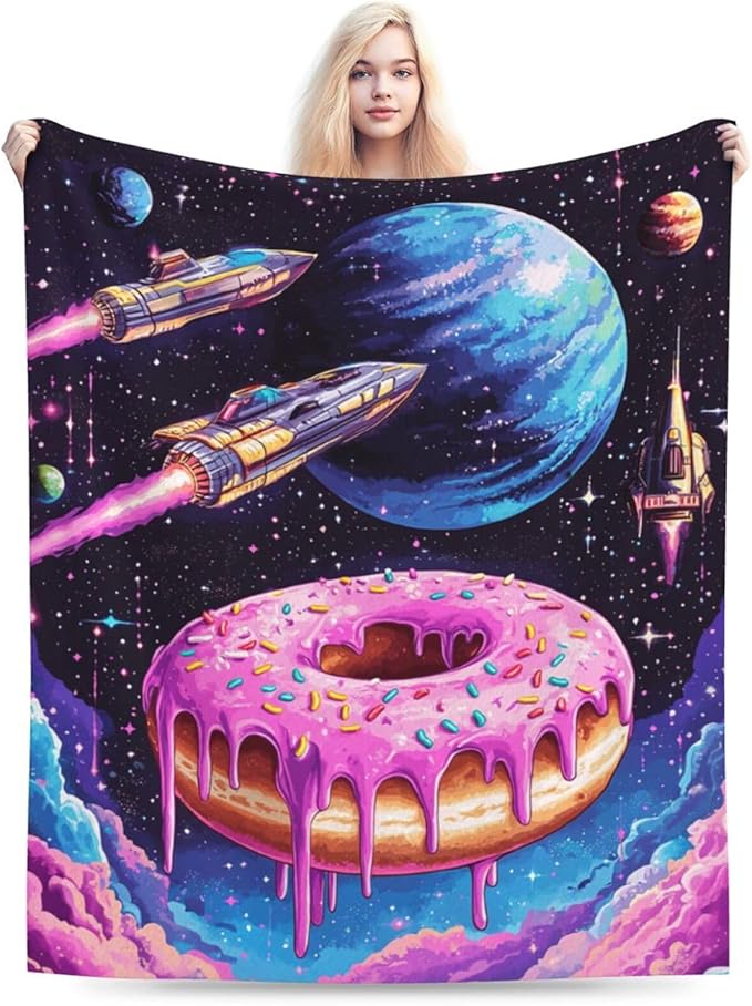 Donut Blanket Space Donut Decor Throw Blanket Super Soft Flannel Lightweight Fluffy Plush Cozy Fuzzy Fleece Food Blanket Gifts for Girl Boys Woman Man Kids Adults for Bed Sofa Couch 60"X80"