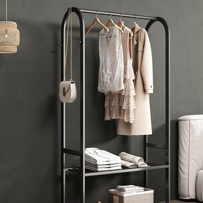 Heavy duty clothes rack,Metal Clothing rack for hanging clothes,garment rack with bottom shelves and 6 side hooks for bedroom cloakroom(black, L:39.4)
