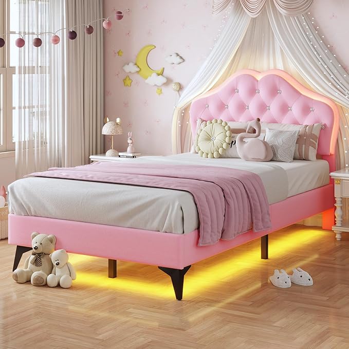 BTHFST Twin Size Upholstered Bed Frame with LED Lights, Princess Platform Bed for Girls, Adjustable Headboard with Crystal Button, Solid Wood Slats Support, No Box Spring Needed, Pink