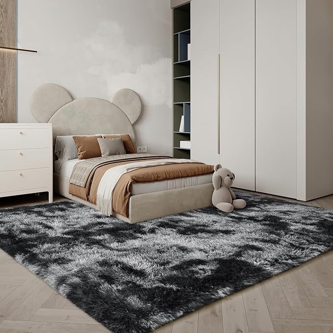 EVOIONOS Area Rug for Bedroom Living Room, Machine Washable 4x6 Fluffy Shag Rug, Soft Plush Non Slip Carpet for Indoor Floor Bedside Nursery Kids Room, Dorm, Home Decor Aesthetic, Tie-Dyed Dark Grey