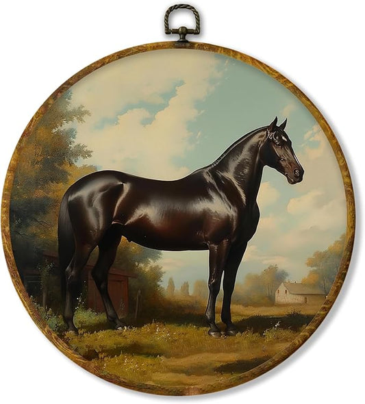 Hiuwevt Horse Round Wall Art Decor, Vintage Equestrian Horse Framed Canvas Prints, Retro Rustic Cottagecore Landscape Round Wall Hanging Decor for Bedroom Home Decorations, 10x10 Inches