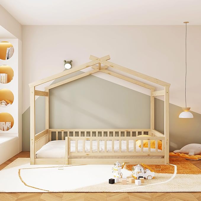 Merax Full Size Wooden House Bed with Fence, Wood Bed Frame with Roof and Safety Guardrail for Kids, Teens, Boys or Girls, Natural
