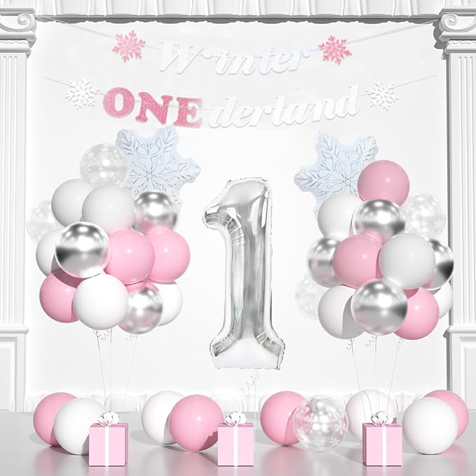 First Birthday Decorations For Girl-Girl Winter Onederland 1st Birthday, Pink White Snowflake Balloons, 40 Inch Silver 1 Balloon And Winter Onederland Banner For Baby Girl 1st BD Decorations