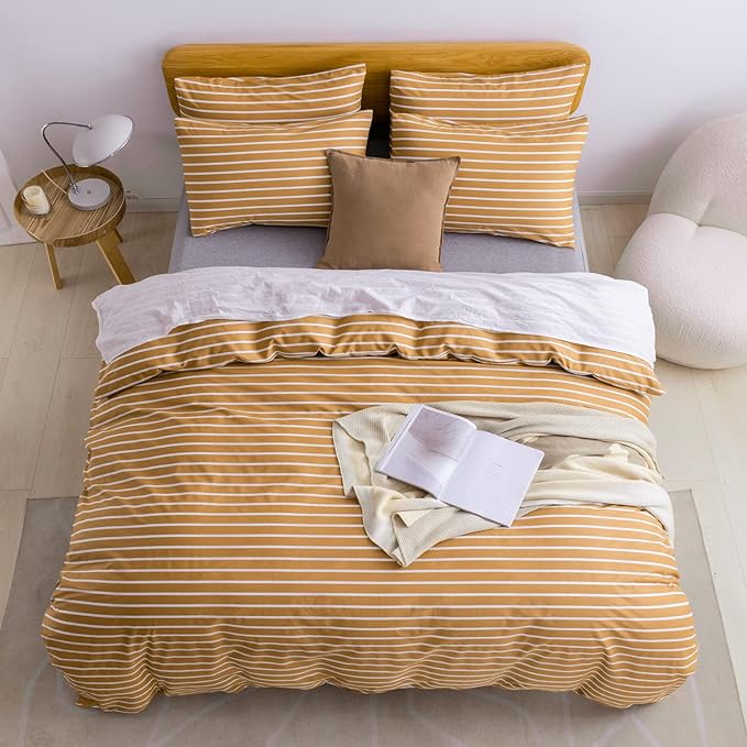 JELLYMONI Full Duvet Cover Set, Cotton Duvet Cover 3 Pieces with Zipper Closure, 1 Duvet Cover and 2 Pillowcases(Rust with White Striped)