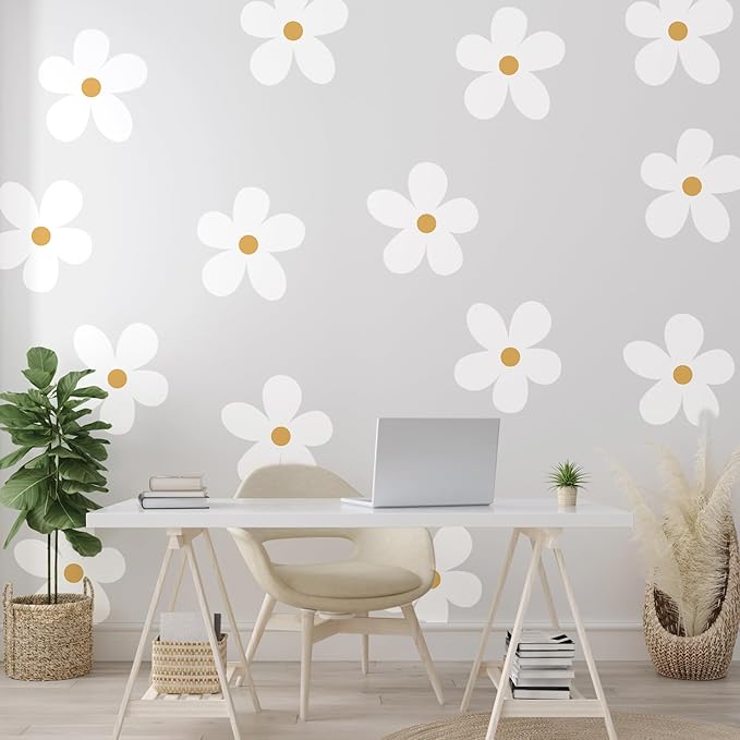 TaoBary 12 Sheets Daisy Wall Decal Flower Wall Sticker Cute Daisy Sticker Pink White Flower Decal Peel and Stick Floral Wallpaper for Nursery Bedroom Home Decor(White, Yellow,Charming Style)