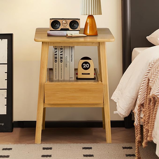 Night Stand with Drawer, Mid Century Modern Nightstand, Bedside Tables with Open Storage Shelf,Large Storage End Table, Bamboo Night Stands for Bedrooms