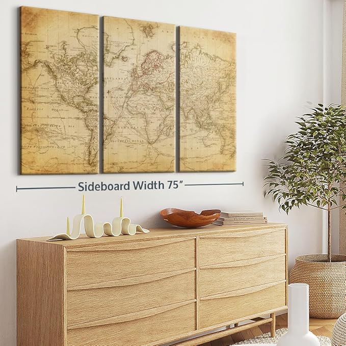 ElephantStock Old Century World Map Wall Art Multi Piece Canvas - 3 Piece Canvas World Map Wall Decor - Decor Ready-to-Hang Print - Vintage Wall Art - 74" X 48"