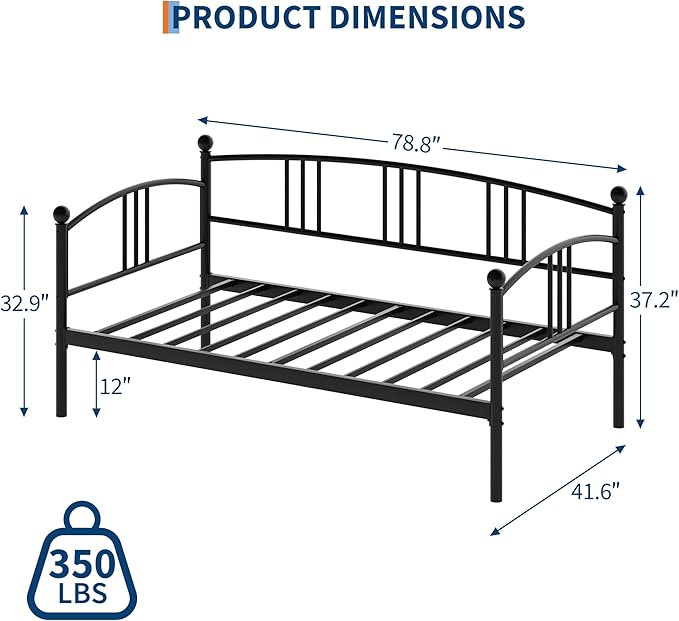 GarveeHome Twin Daybed, Sturdy Metal Day Bed with Steel Slat Support, Arched Headboard Sofa Bed for Living Room, Bedroom and Guest Room, Black