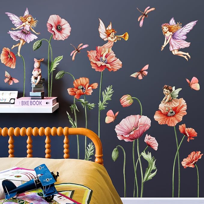 Removable Large Pink Red Poppy Flowers Wall Stickers with Fairy Angels - DIY Floral Butterfly Wall Decals, Peel and Stick Princess Decor for Girls Bedroom, Nursery, Living Room Home BM4130