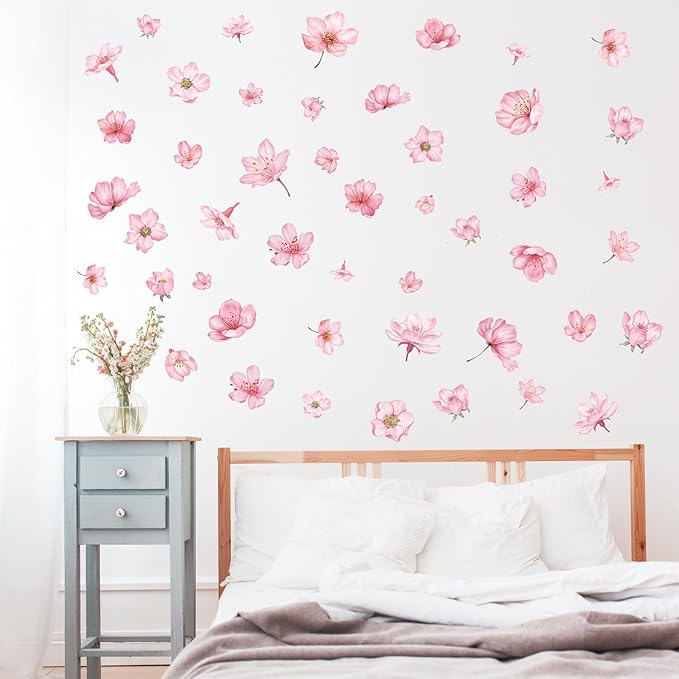 49 Pcs Cherry Blossom Flowers Vinyl Wall Stickers, Watercolor Sakura Floral Peel and Stick Wall Decals, DIY Wall Decor for Girls Bedroom Living Room Nursery