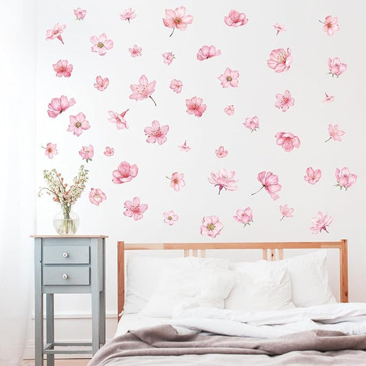 49 Pcs Cherry Blossom Flowers Vinyl Wall Stickers, Watercolor Sakura Floral Peel and Stick Wall Decals, DIY Wall Decor for Girls Bedroom Living Room Nursery