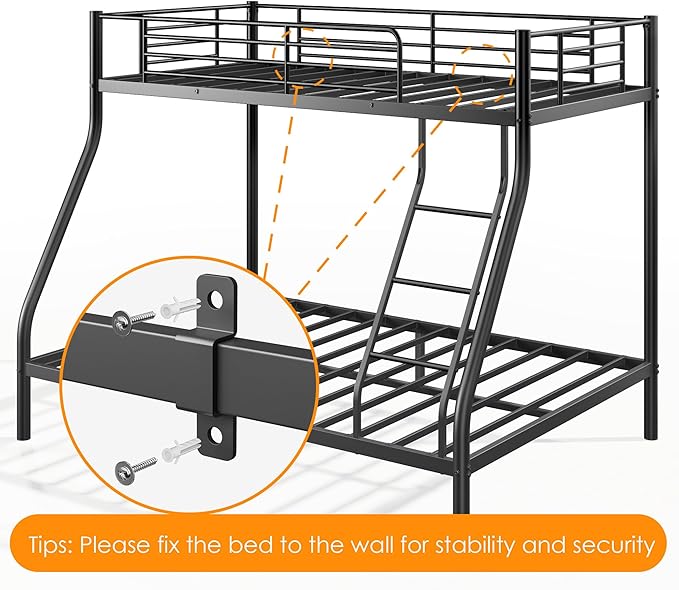 Twin Over Full Bunk Bed for Adults, Metal Bunk Beds Twin Over Full Size for Teens Dorm Bedroom Guest Room, Heavy Duty Bunk Beds with Ladder & Guardrail, No Box Spring Needed, Black