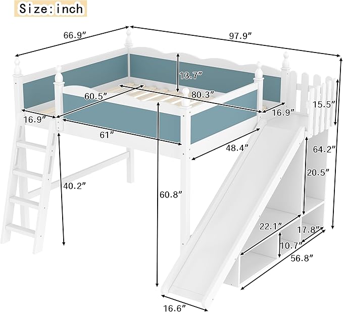 SOFTSEA Queen Size Loft Bed with Slide, Kids Loft Bed with Open Shelves and Cabinet, Playhouse Bed Frame with Detachable Slide and Ladder for Kids Boys, Blue + White