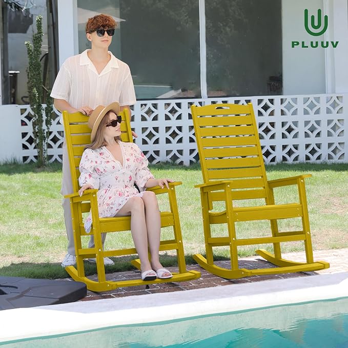 Outdoor Rocking Chair Set of 4 with Removable Footboard for Adults, HDPE High Back Patio Rocking Chairs, 330lbs All Weather Porch Rocking Chairs for Outdoor & Indoor -Yellow