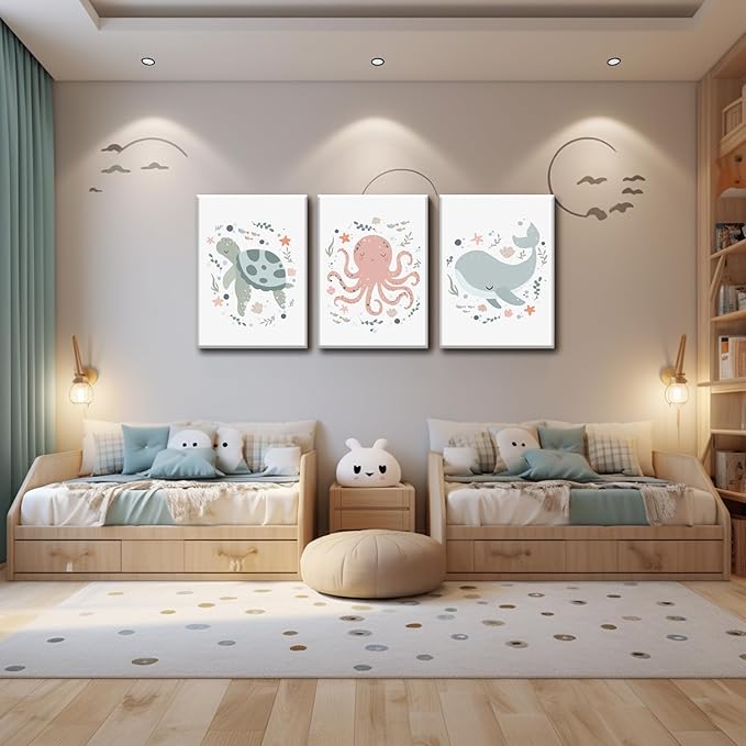 Wodkwq Ocean Nursery Decor, Set of 3 Boys Room Sea Animal Wall Art Picture Canvas Prints, 16x24in Framed