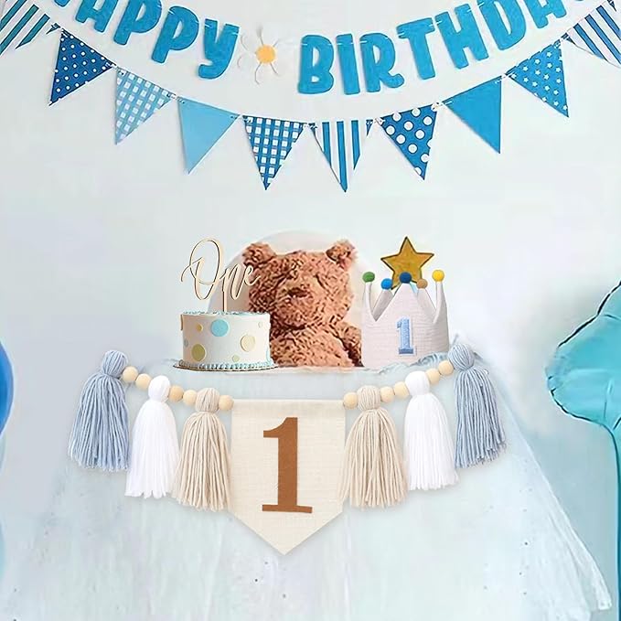 Baby Boy 1st Birthday Party Decorations For Handmade Tassel Garland Highchair Banner With Cake Topper Crown Hat