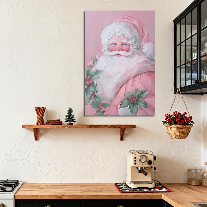 YONICA Christmas Canvas Wall Art Pink Santa 24x32 Inch Soft Pastel Holiday Art for Nursery - Large Framed Gallery Wrapped Kids Room Decor