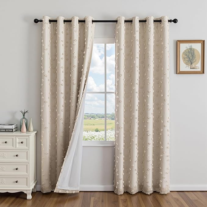 MYSKY HOME 100% Blackout Curtains for Girls Bedroom 90 Inch Long Total Room Darkening Curtain for Living Room 2 Panels Grommet Light Blocking Sliding Door Drapes Beige Pom Pom Sheer 52" x 90"