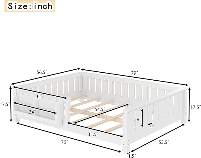 Bellemave Full Size Floor Bed with high Rails and with Built-in Bookshelf for Kids, Girls, Boys, Wood Montessori Floor Bed Without Door, White