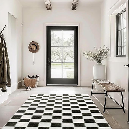 EverGrace Checkered Plaid Area Rug 4x6, Soft Faux Wool Rugs Washable Anti Slip Rugs Large Rug Carpet for Entryway Bedroom Living Room Hallway Kitchen Dining Room and Laundry Room, Black