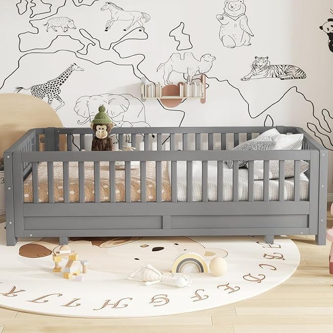 KEIKI Solid Wood Expandable Twin XL Size Floor Bed for Kids with Guardrails, Can Be Converted into a Queen Bed Platform, Montessori Low Profile Bedframe Daybed for Girls Boys, No Box Spring Needed