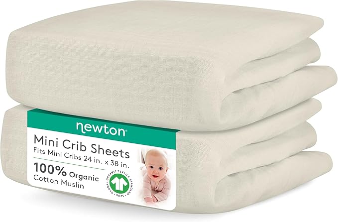 Newton Baby Fitted Mini Crib Sheets (2-Pack) | Organic Muslin Cotton, Breathable & Soft Baby Sheets, Washable Baby Mattress Sheets, Fits Mini Crib Mattresses 24" x 38", Oatmeal