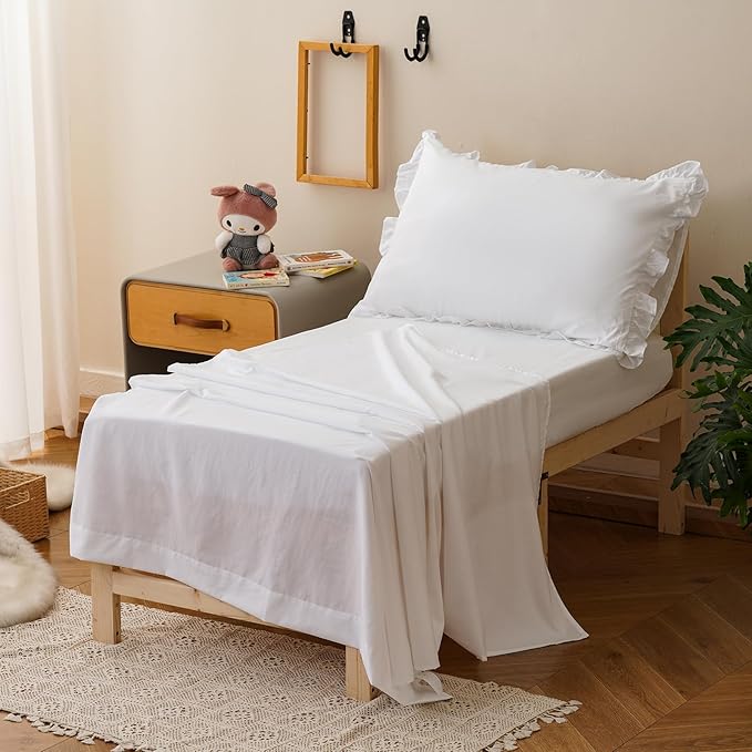 KAREVER White Toddler Bedding Set White Ruffles 4 Pieces Crib Bed Set Kids Vintage Comforter Set