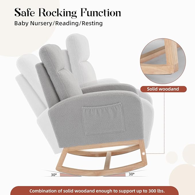 Rocking Chair Nursery, Modern Upholstered Glider Rocker with Side Pocket, Upholstered Lounge Chair with Solid Wood Base for Relaxin, for Living Room, Bedroom