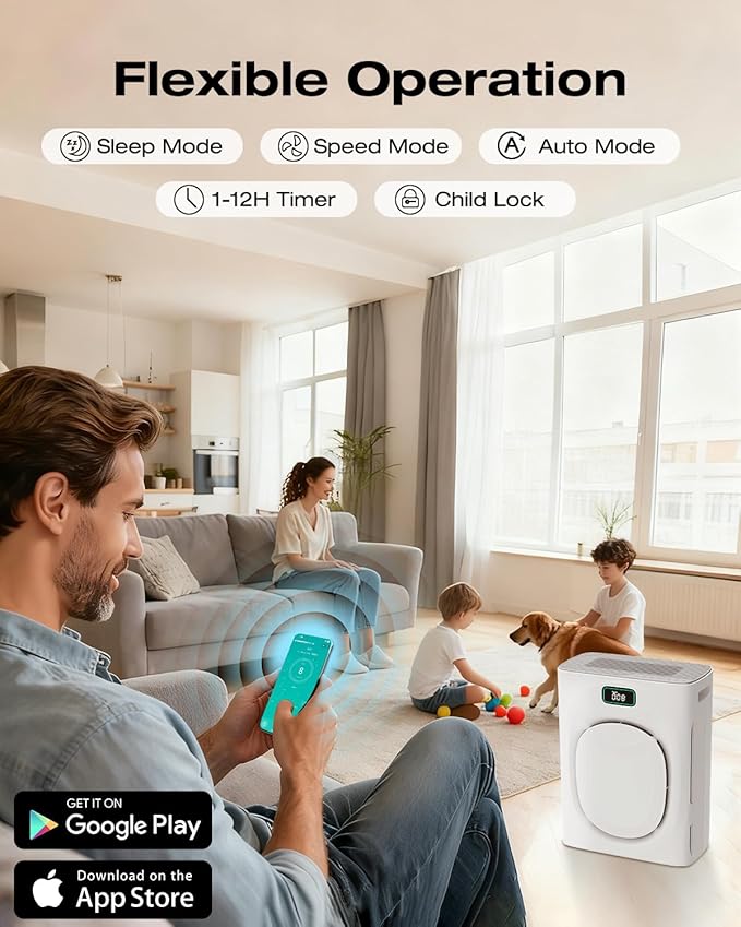 Air Purifier for Home Large Room 2500sq.ft with 4 Washable Pre-Filter, Pet Air Purifier for Bedroom with Double Side Inlet, Smart App Control