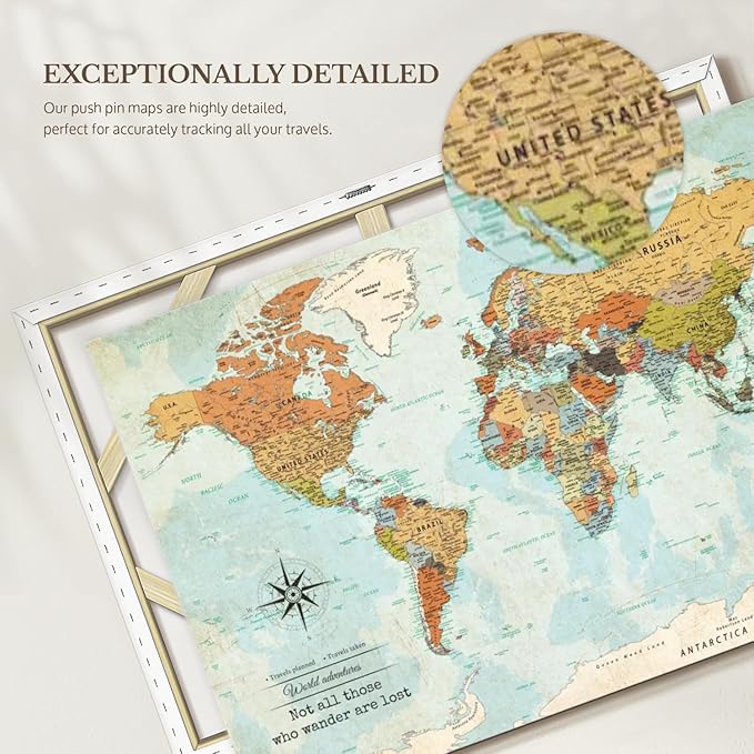 ElephantStock - Personalized Wanderer Push Pin World Map Wall Art - Horizontal Canvas Wall Art - Living Room Wall Decor - Digital Art Map Canvas Art - Orange And Blue Decor - 24" x 16"